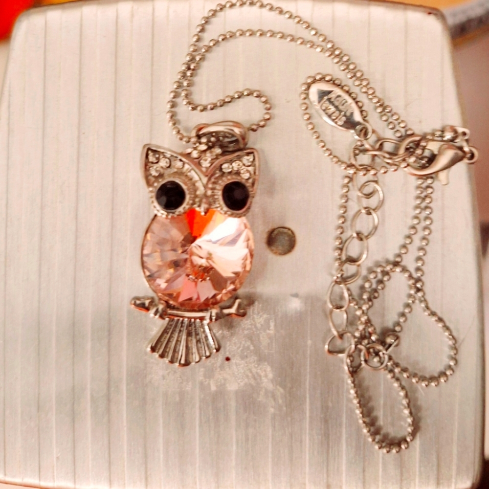 Silver Tone And Gemstone Owl Necklace
